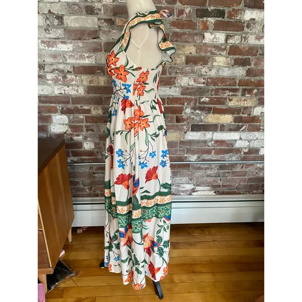 SHEIN Tropical Floral Maxi Dress XS Ruffle V-Neck Open Back Tie Sundress - Image 4