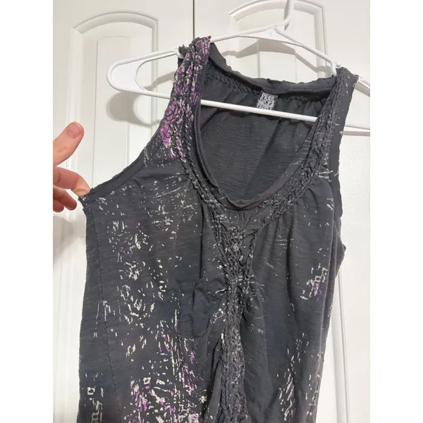 Free People Tank Top Boho Distressed Charcoal Purple Braided Ruched Medium - Image 3