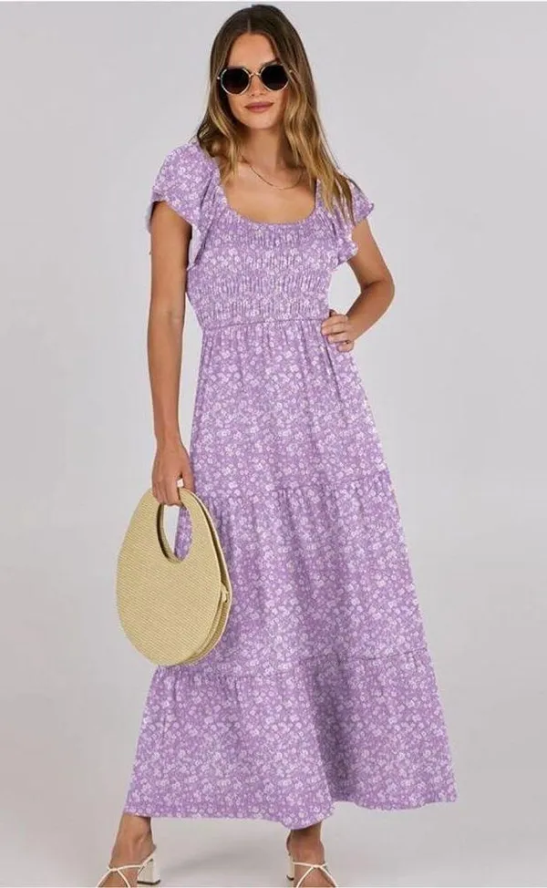 NEW Flutter Sleeve Scoop Neck Smocked Tiered A Line Flowy Maxi dress S - Image 6