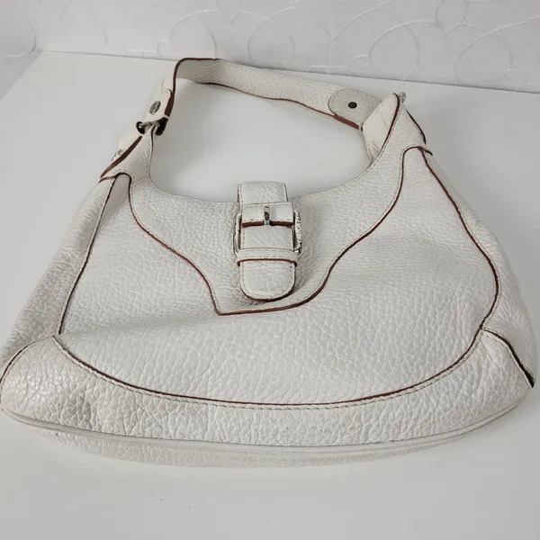 Michael Kors Womens Bag White Pebbled Leather Shoulder Hobo Fold Over Buckle - Image 10