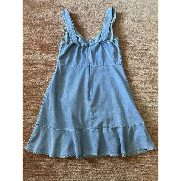 Denim Blue Sleeveless Mini Dress With Ruffle Hem and Tie Straps - Image 5