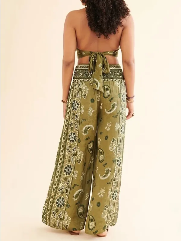Earthbound Olive Paisley Split Leg Palazzo Pants Boho Festival Medium Hippie - Image 2