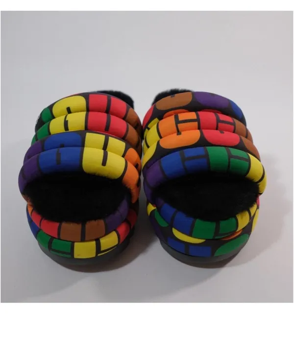 UGG Rainbow Puff Platform Slide Slippers with Black Plush - Image 2