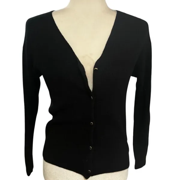Aritzia Wilfred Black Ribbed Wool Blend Gold Button Front Cardigan Sweater XXS - Image 3