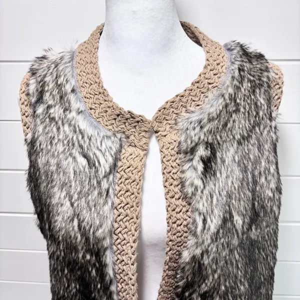 Ann Taylor Vest Women Brown‎ Faux Fur Open Front Knit Size L P - Image 2