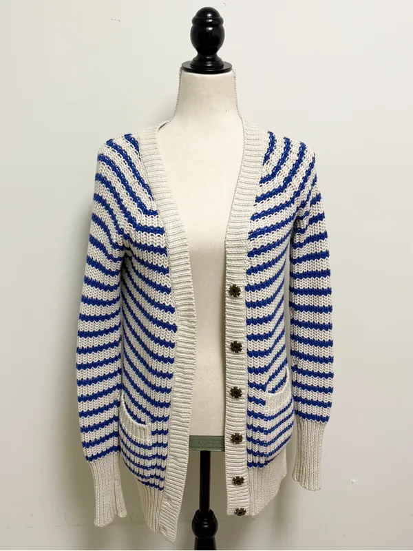 J Crew Cream Blue Purple Stripe Deep V Neck Snap Button Longer Sweater Cardigan - Image 3