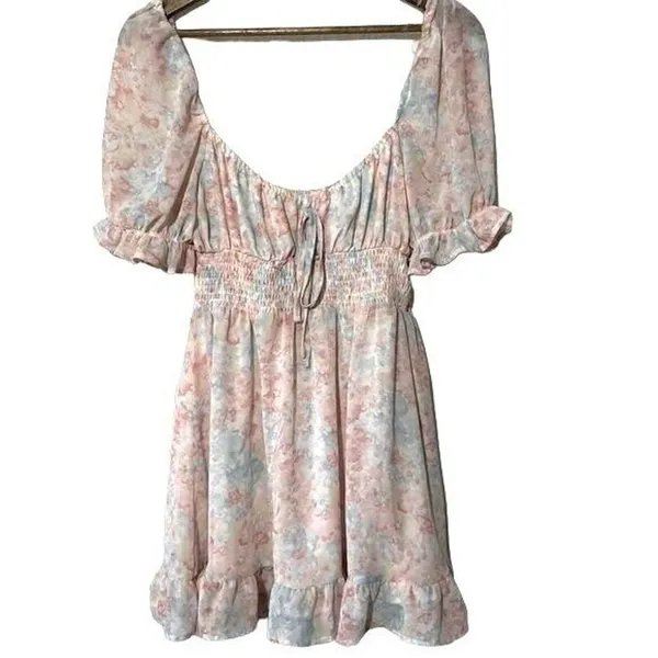 HYFVE Pastel Floral Mini Dress Puff Sleeve Tie Neck Size Large - Image 3