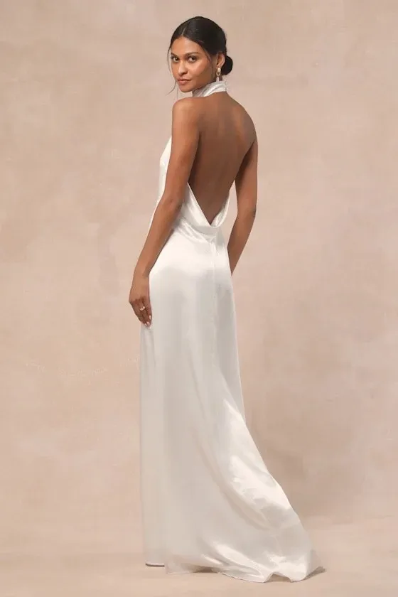 NWT Lulus Meliana White Satin Halter Backless Maxi Dress Wedding Gown Bride Sz S - Image 2