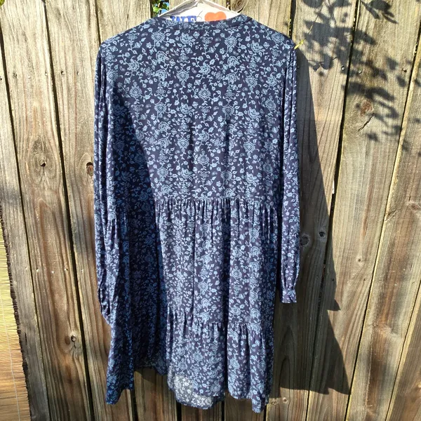 Beachlunchlounge Printed Tiered Babydoll Blue Dress XL Long Sleeves - Image 7