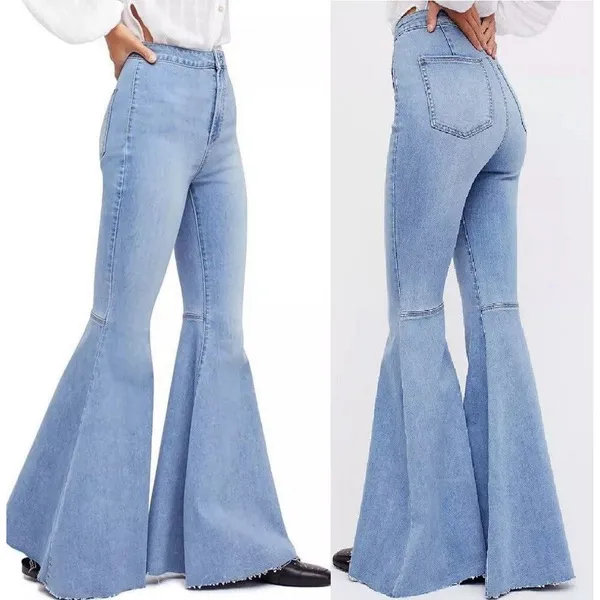 We The Free Flared Women's Jeans Light Blue Denim Raw Hem Stretch High Rise - Image 2
