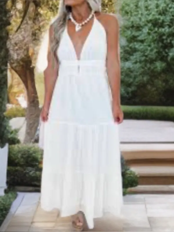NWT En Crème White Swiss Dot Halter Open Back Cutout Tiered Summer Maxi Dress Sm - Image 2
