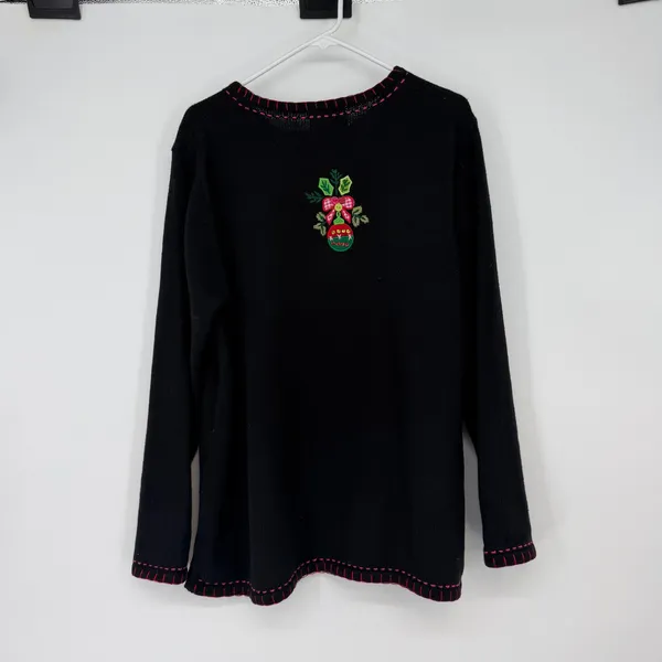 Quacker Factory Womens XL Black‎ Christmas Tree Embroidered Sweater Ramie Cotton - Image 2