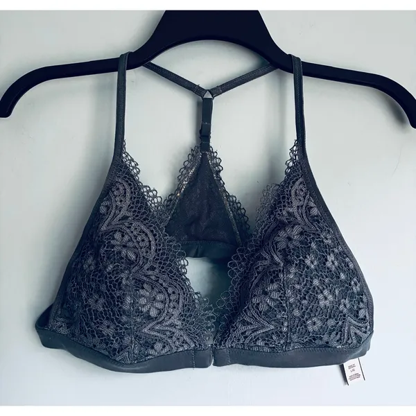 Victoria's Secret Triangle Bralette Gray Lace Floral Lined Front Closure Large - Image 4