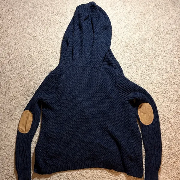 Abercrombie & Fitch Navy Blue Hooded Sweater with Tan Trim Women’s Size Large - Image 6