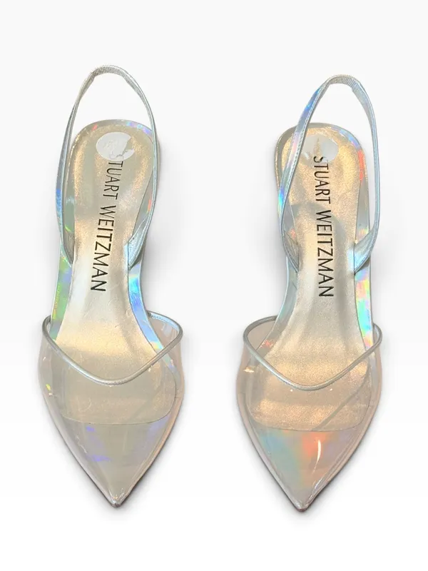 STUART WEITZMAN Xcurve Slingback Iridescent Silver & Clear Pointed Toe Pumps 9 - Image 5