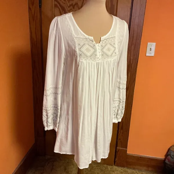 Mollorello White Embroidered Boho Tunic Top Peasant Babydoll Blouse Cottagecore - Image 7