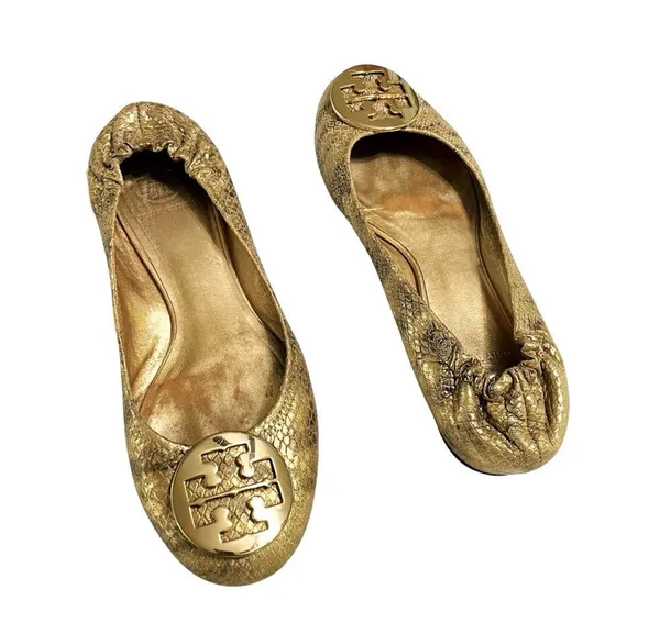 Tory Burch REVA GOLDEN SNAKESKIN MEDALION BALLET FLATS Size 8.5M VGC - Image 6