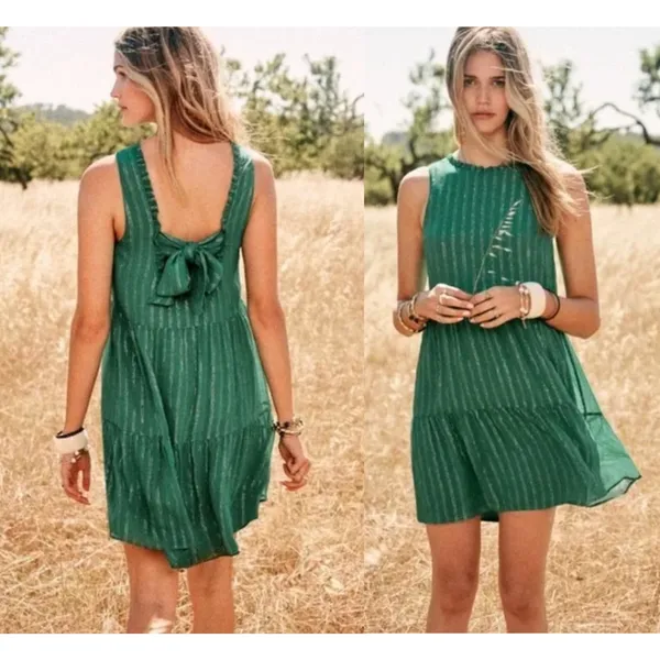 Sézane | Alexandra Green‎ Striped Dress Tie Back | SZ 34 / US 2 - Image 2
