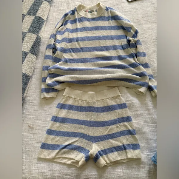 Free People Blue and White Striped Knit Sweater Set - Image 2