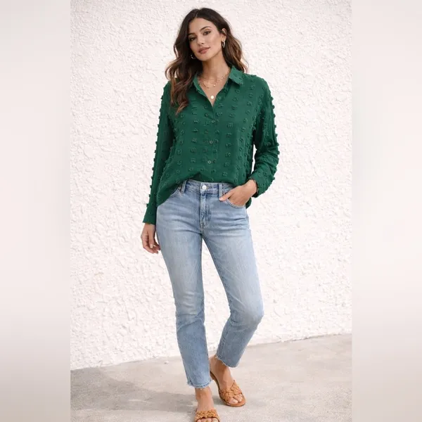 Forest Green sheer button down long sleeve blouse with textured dots - Image 3