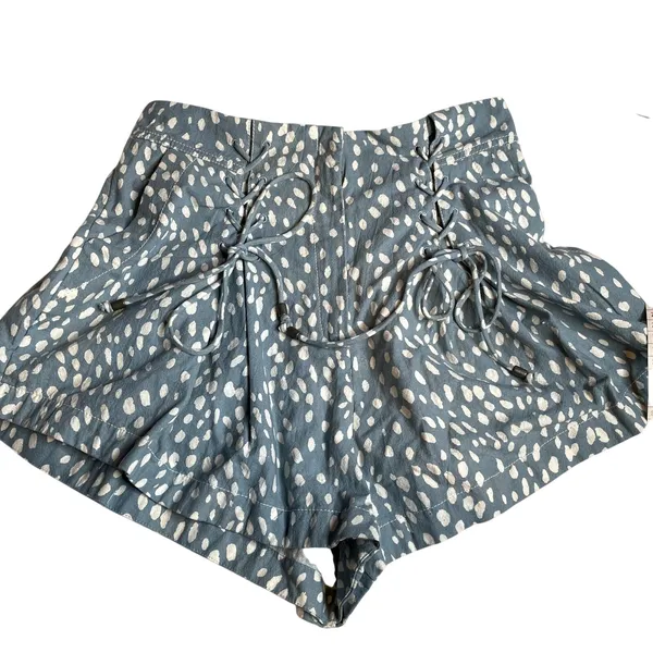 Free People‎ Bennett Blue White Spotted Lace Up High Waisted Cotton Shorts - Image 2