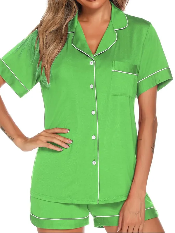 Aamikast Button Up Pajama Set for Women Shorts Short Sleeve Knit Sleepwear - Image 2