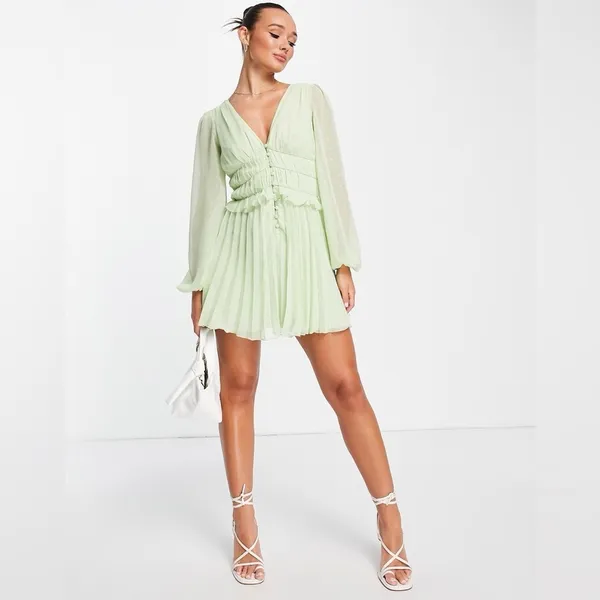 ASOS Sage Green Dobby Pleated Mini Dress Fairycore Forest Pixie Vibe NWT Size 4 - Image 3