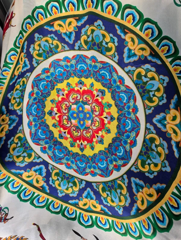 Vintage 100% Silk Scarf Hand Rolled Hem. DunHuang Art 43x41" - Image 2