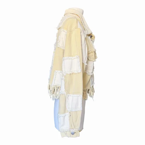 POL Patchwork Fringe Jacket Mixed Media Cropped Boho Raw Edge Button Front Small - Image 6