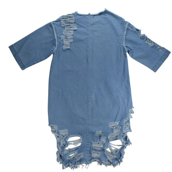 Vibrant MIU Light Wash Distressed Denim Shift Dress Shredded High Low Hem Blue - Image 2