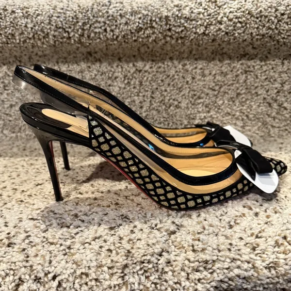 Christian Louboutin Suspenodo Glitter Flocked Patent PVC Sling 85 Pumps, size 38 - Image 5