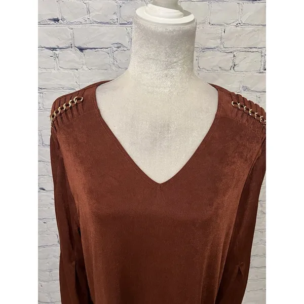 Chico's Travelers Brown Top Womens Gold Hardware Shoulder Tunic Chicos 3/XL/16 - Image 2