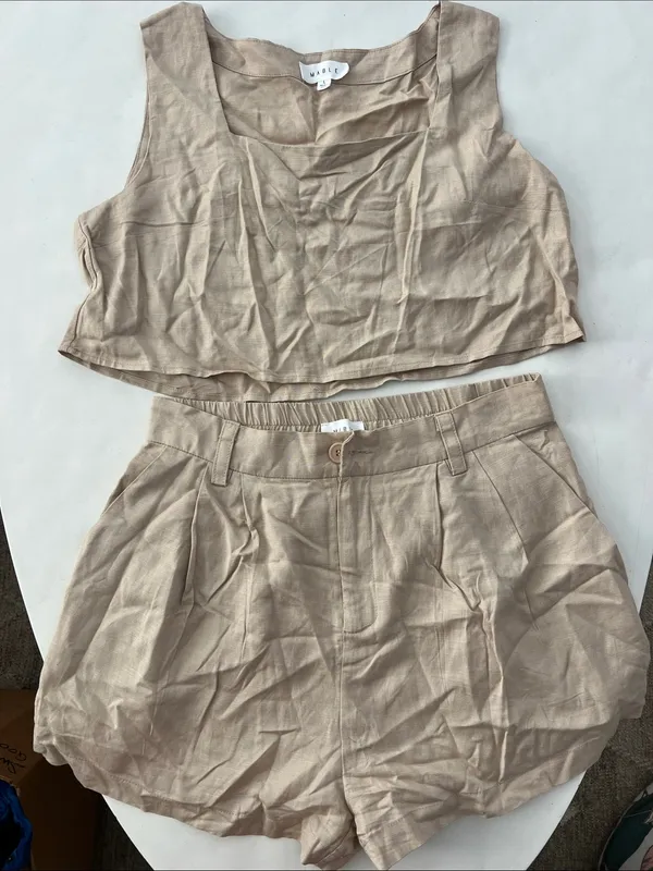 MABLE 2 Piece Matching Set - Sleeveless Crop Square Neck Tank Top & Shorts Tan L - Image 4