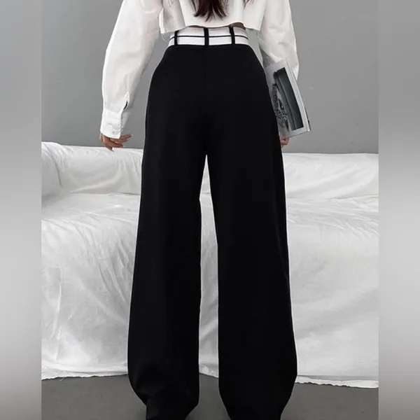Asymmetrical Contrast Waistband Wide Leg Dress Pants - Image 2
