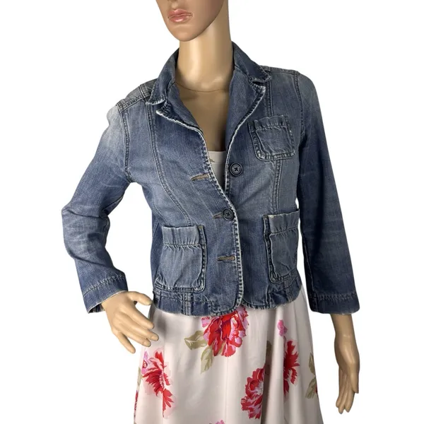 Abercrombie & Fitch Size Small‎ Blue Denim Jacket 3/4 Sleeves Button Up - Image 2