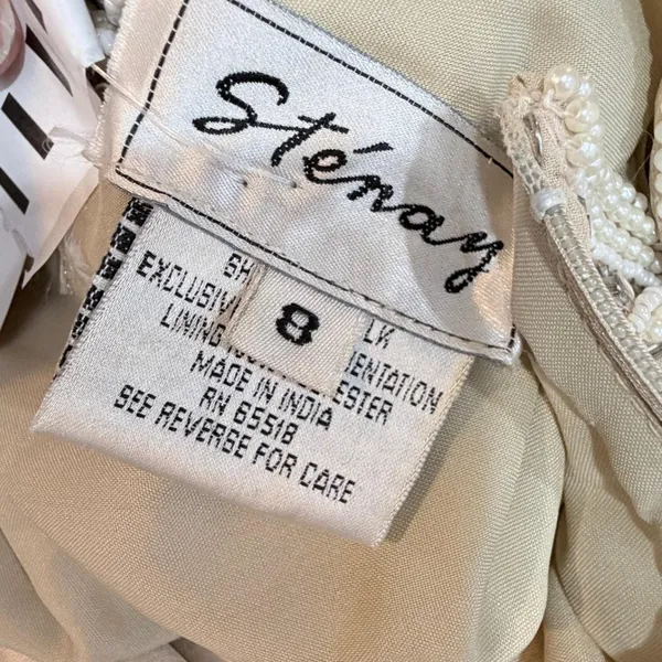 Vintage Stenay Beaded Silk Gown Ivory Geometric Seed Pearl Bodice Formal‎ Maxi 8 - Image 4