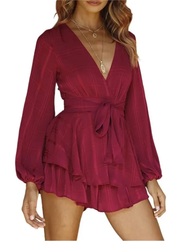 Selfie Leslie Burgundy Red V-Neck Ruffled Mini Romper - Image 4