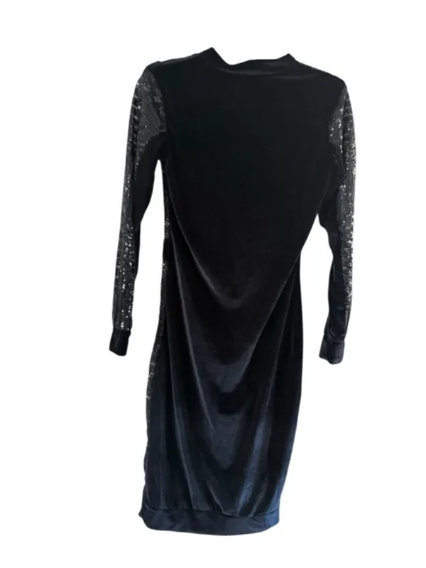 Black Velvet Midi Dress with Sheer Sparkle Sleeves - Image 10