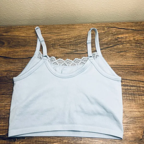 Aerie Ribbed Lace Trim Shelf Bra Crop Tank Baby Blue XL Adjustable Straps - Image 2