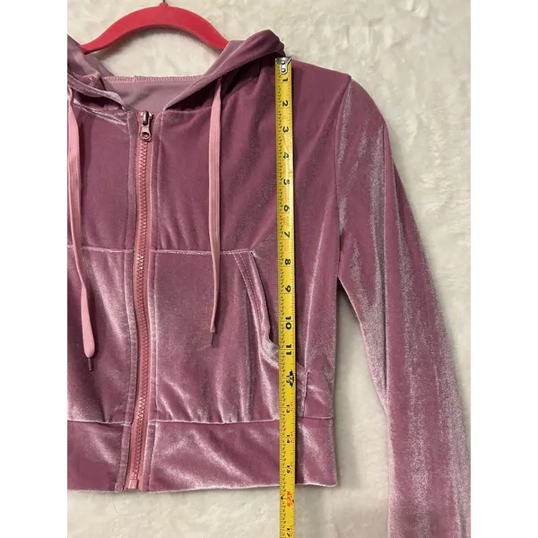 Juicy Couture Velour‎ Cropped Zip Up Hoodie Rhinestone Logo Mauve Pink Medium - Image 2