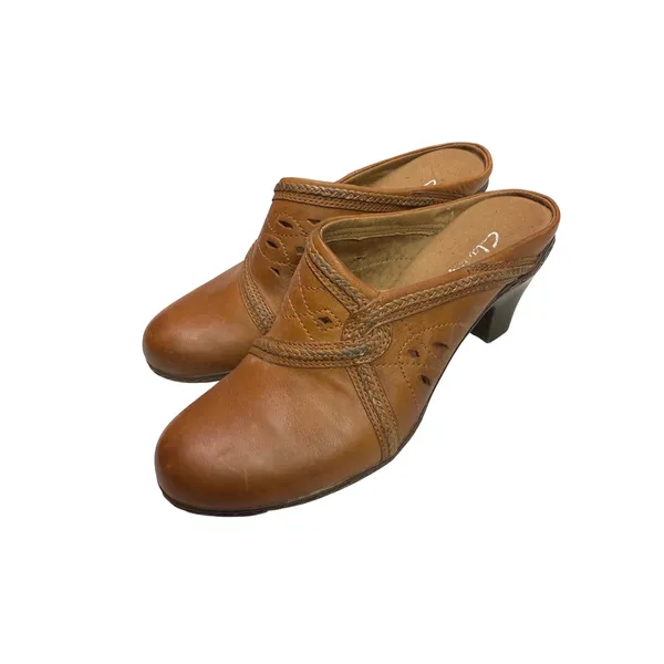Clarks Brown Leather Chiffon Lily Block Heel Clogs SZ‎ 8 - Image 2