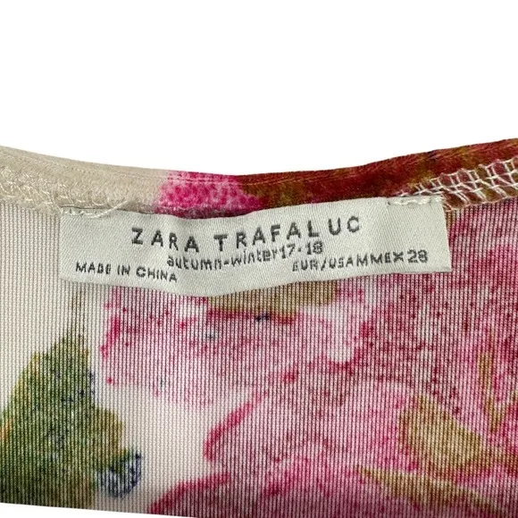 Zara‎ Trafaluc Floral Velvet V-Neck Midi Dress Cream Red Green Pinup Retro - Image 4