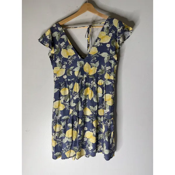 Abercrombie fitch blue linen blend tiered mini dress yellow lemons size XXS - Image 2