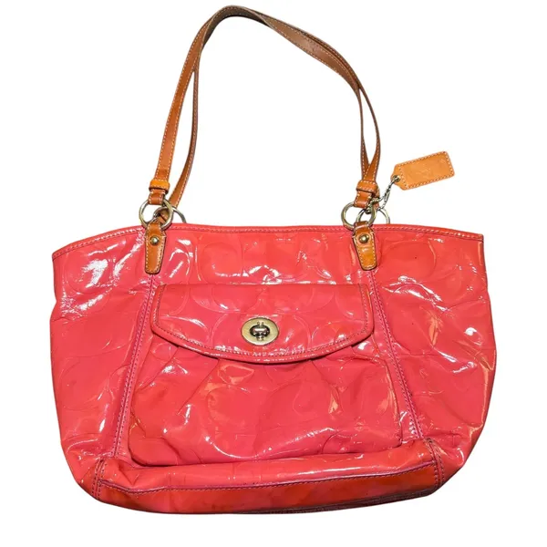Coach Pink Patent Leather Signature C Embossed Tote‎ Bag with Turnlock Pocket - Image 7