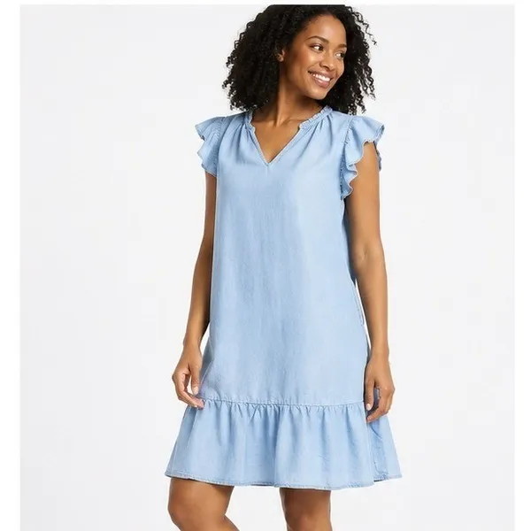 Time and Tru Womens Dress Size M Light Blue Split Neck Flounce Hem Casual Ruffle - Image 4