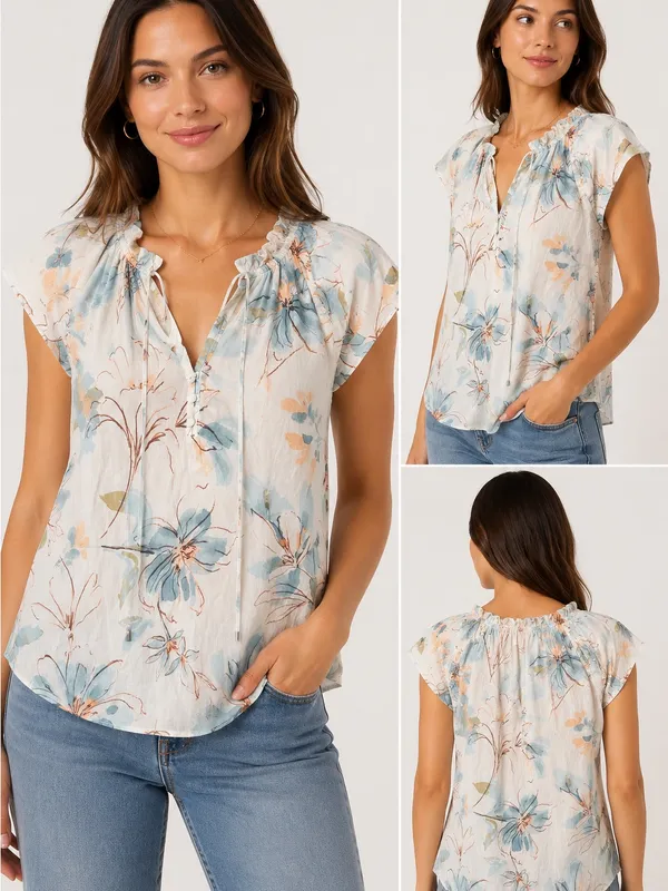 PARKER Floral Tie-Neck Cap Sleeve Top - Image 2