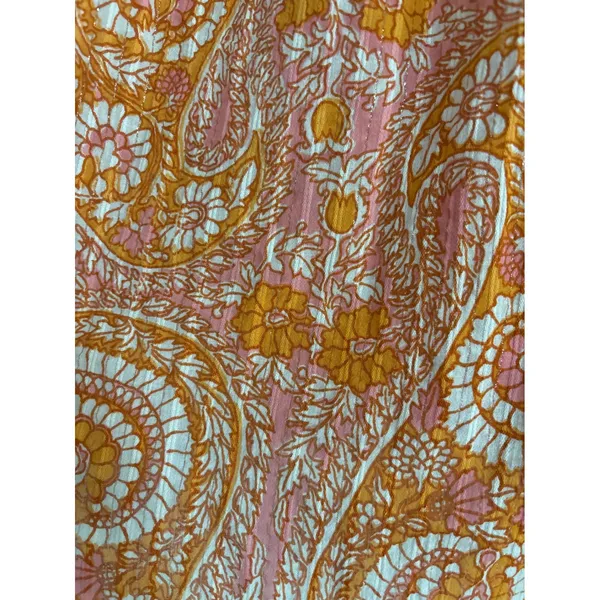 Anthropologie Terra Shirred Orange Paisley Tassel Tie V-Neck Blouse Large - Image 7