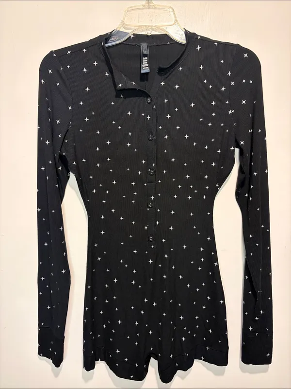 SKIMS Loungewear Button Up Henley Onesie in Onyx Sparkle Long Sleeve Ribbed S - Image 3