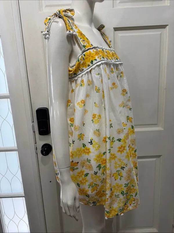 FARM Rio 100% Cotton Azaleia Yellow Floral Tie Straps Mini Dress Size Large - Image 10