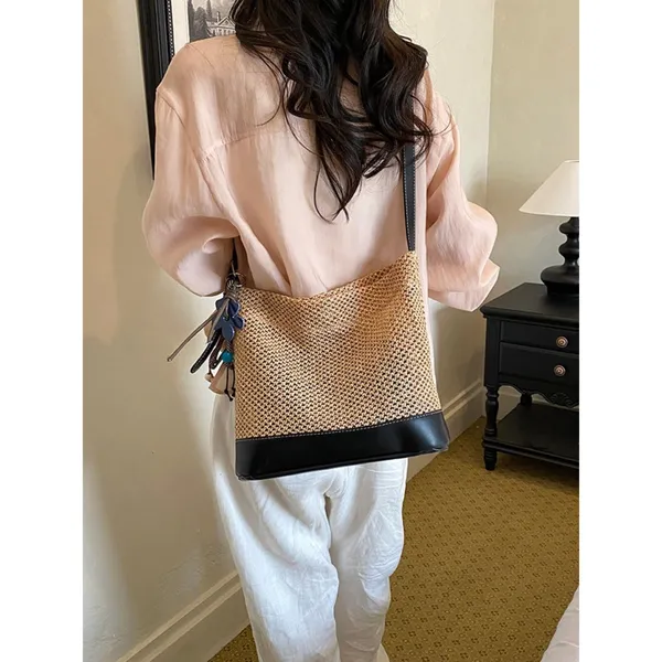 Chic Carryalls Leather Trim Woven Shoulder Bag - Image 9